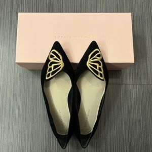 Sophia Webster butterfly flats. Black suede with golden threads. Soles cracked!